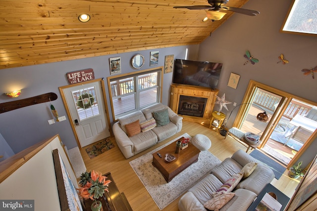 living room with high vaulted ceiling, hardwood / wood-style floors, wooden ceiling, and ceiling fan