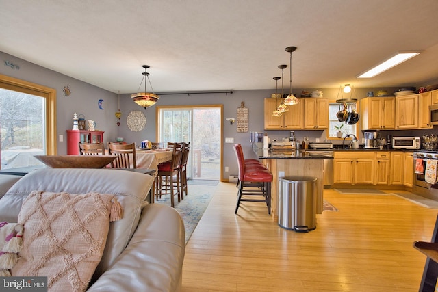 dining room featuring sink and light wood-type flooring