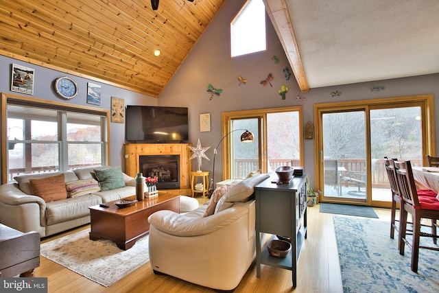 living room with high vaulted ceiling, a wealth of natural light, wooden ceiling, and light hardwood / wood-style flooring