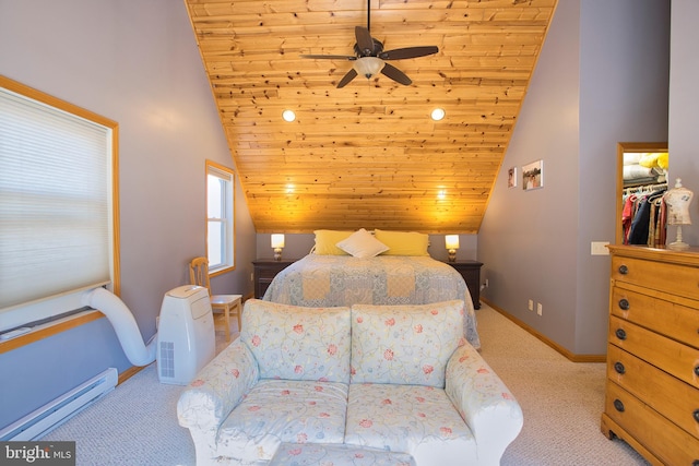 carpeted bedroom with high vaulted ceiling, wood ceiling, baseboard heating, and ceiling fan