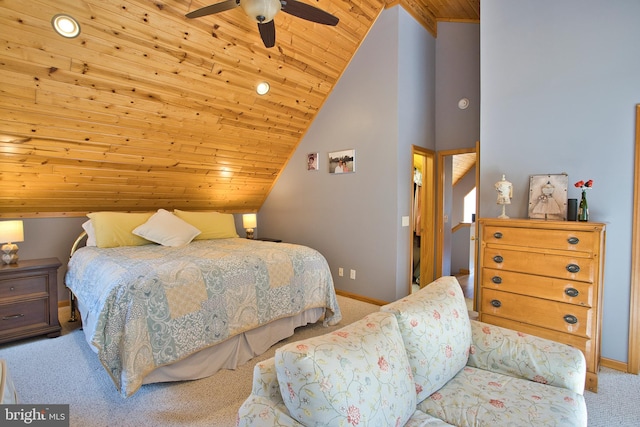 bedroom with carpet, ceiling fan, high vaulted ceiling, and wood ceiling