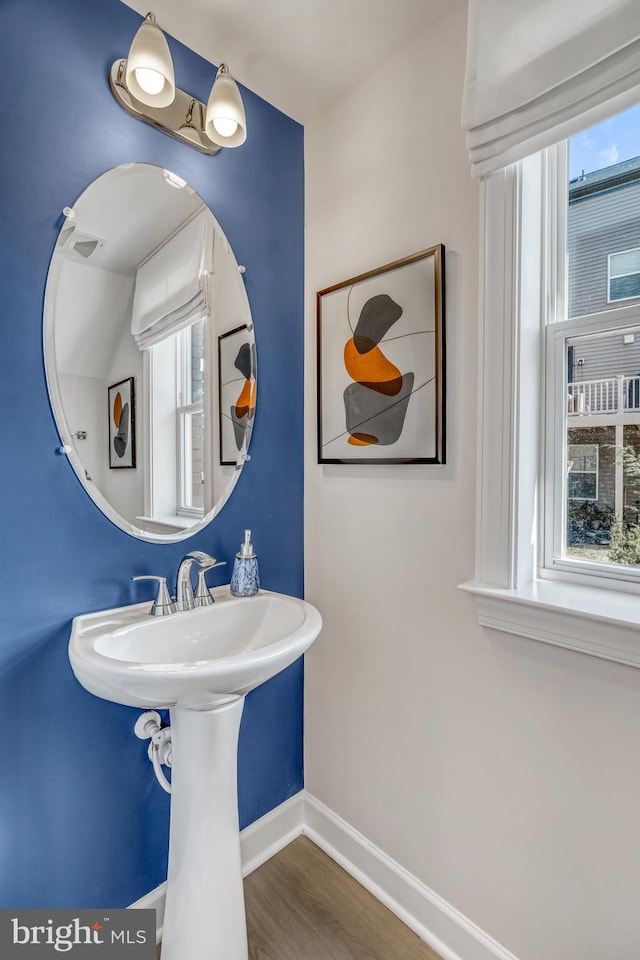 bathroom with wood-type flooring and a healthy amount of sunlight