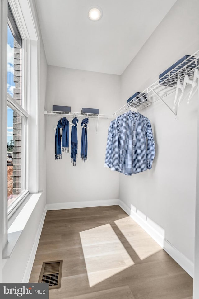 walk in closet with hardwood / wood-style floors