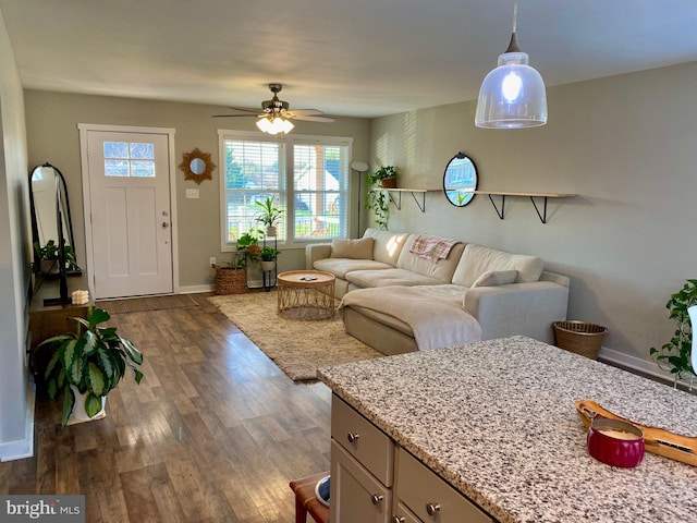 living room with ceiling fan and dark hardwood / wood-style floors