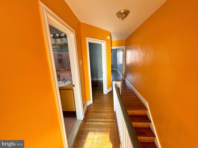 hall with hardwood / wood-style flooring and sink