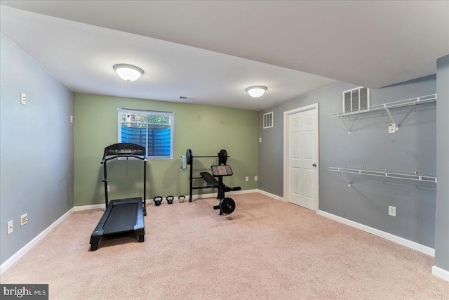 workout room featuring carpet flooring