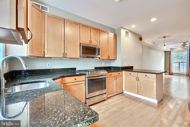 kitchen with stainless steel appliances, light hardwood / wood-style floors, sink, kitchen peninsula, and ceiling fan