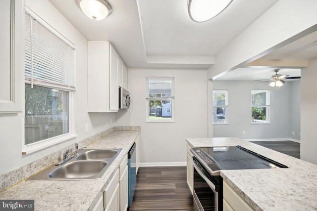 kitchen with white cabinets, sink, stainless steel appliances, and dark wood-type flooring