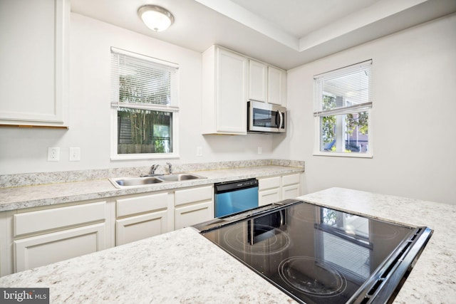 kitchen with a raised ceiling, sink, white cabinets, and appliances with stainless steel finishes