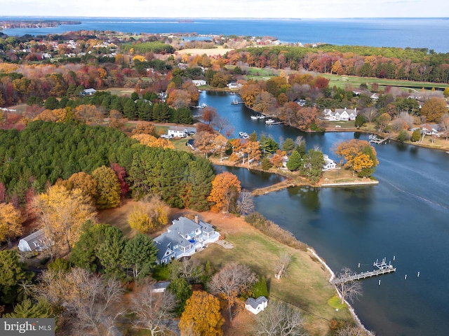 drone / aerial view featuring a water view