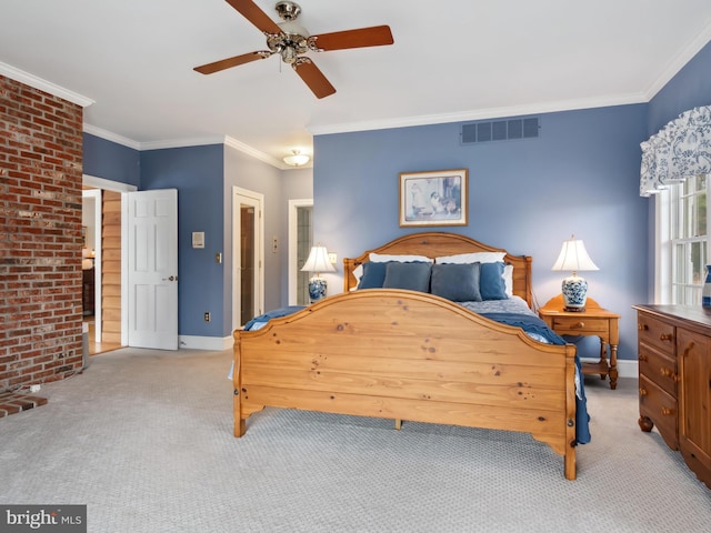 bedroom featuring light colored carpet, ceiling fan, and ornamental molding