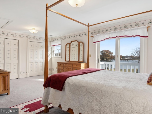 bedroom featuring carpet flooring, two closets, a water view, and multiple windows