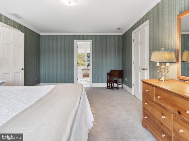 carpeted bedroom with crown molding