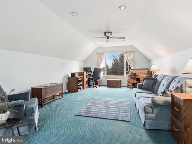 additional living space with carpet, vaulted ceiling, and ceiling fan