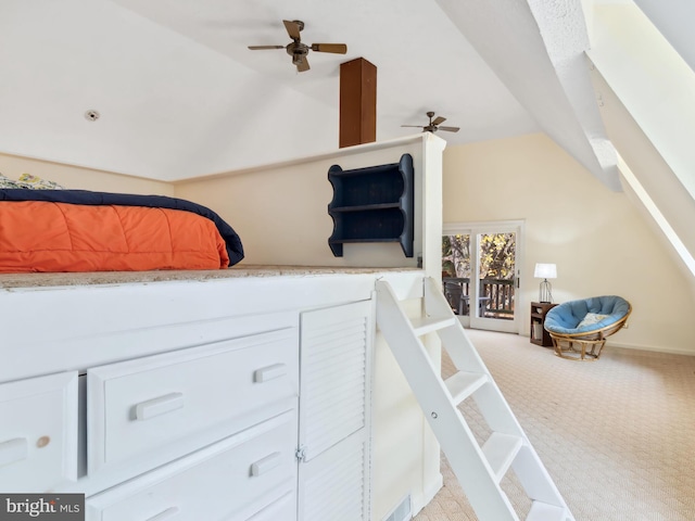 bedroom featuring access to exterior, light colored carpet, ceiling fan, and lofted ceiling