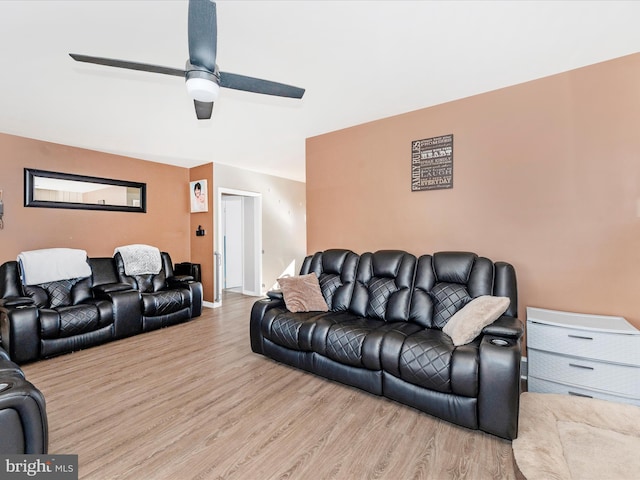 living room featuring ceiling fan and light hardwood / wood-style flooring