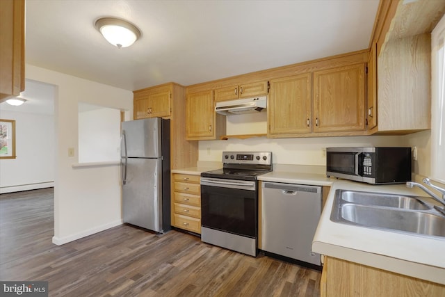 kitchen featuring sink, a baseboard radiator, dark hardwood / wood-style floors, and appliances with stainless steel finishes