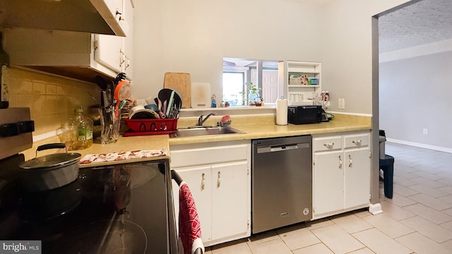 kitchen featuring tasteful backsplash, white cabinetry, sink, and stainless steel dishwasher