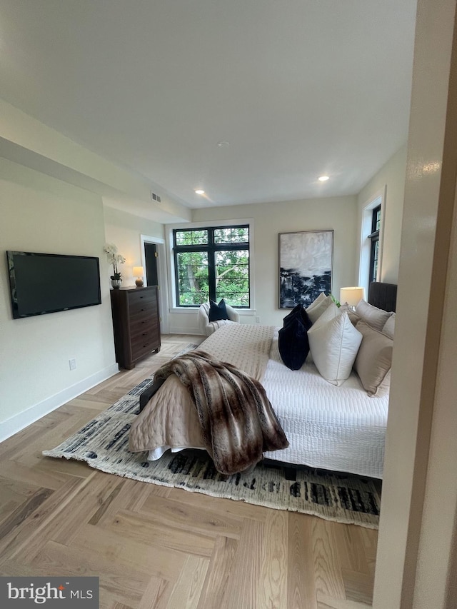 bedroom featuring parquet floors