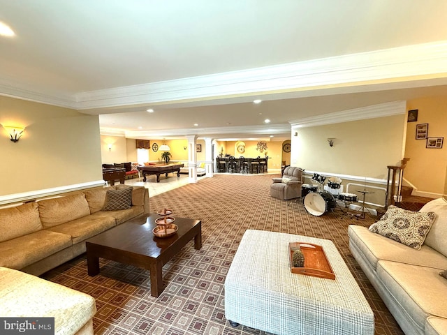 carpeted living room with decorative columns, billiards, and ornamental molding