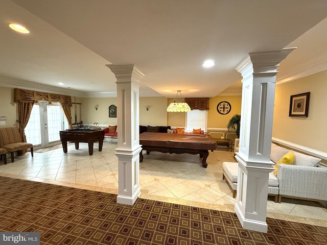 playroom with tile patterned floors and crown molding