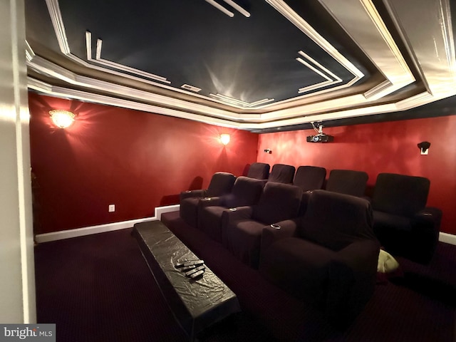 cinema featuring carpet flooring and crown molding