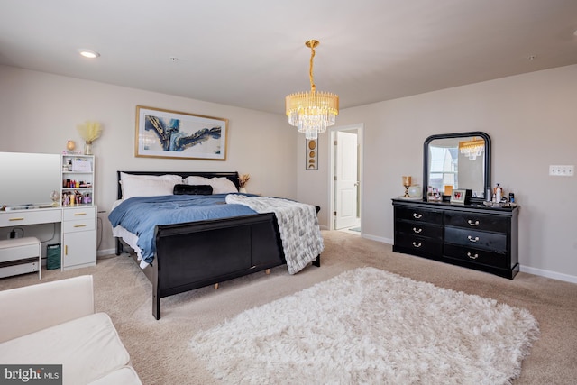 bedroom with light carpet and a notable chandelier