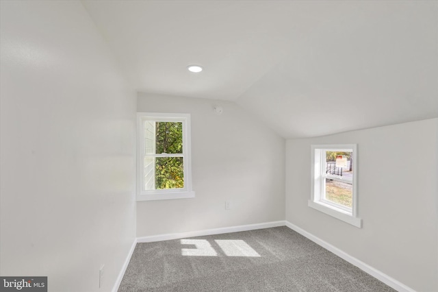 bonus room featuring a healthy amount of sunlight, lofted ceiling, and carpet