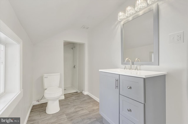 bathroom featuring vanity, toilet, vaulted ceiling, and a shower