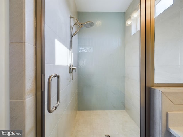 bathroom featuring a shower with shower door