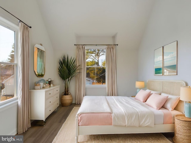 bedroom with vaulted ceiling and dark hardwood / wood-style floors