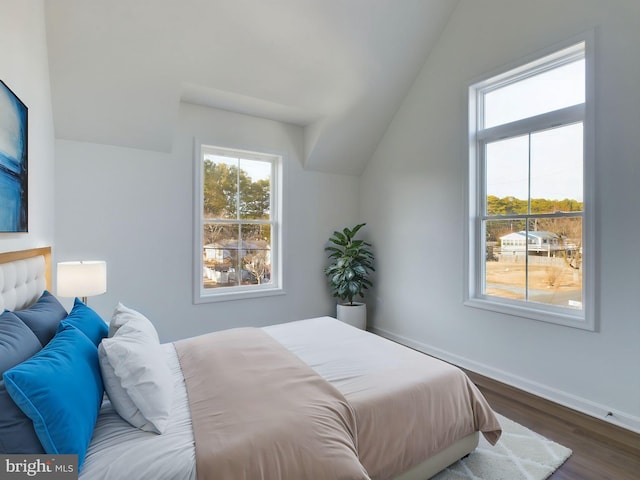 bedroom featuring multiple windows, vaulted ceiling, and dark hardwood / wood-style floors