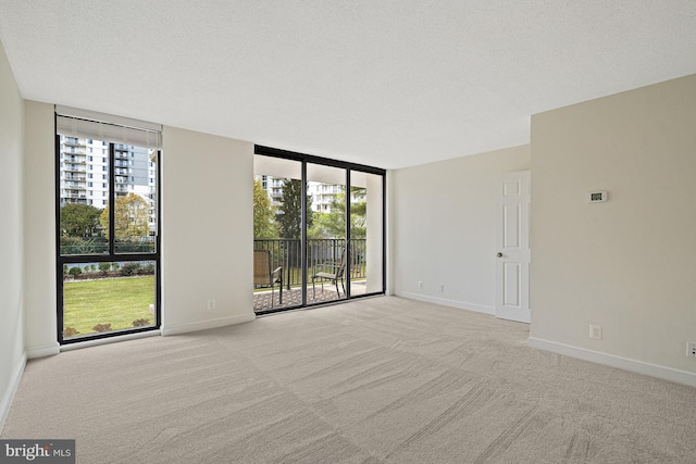 unfurnished room with expansive windows, light colored carpet, and a textured ceiling