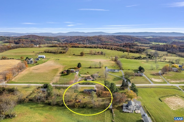 aerial view featuring a mountain view and a rural view