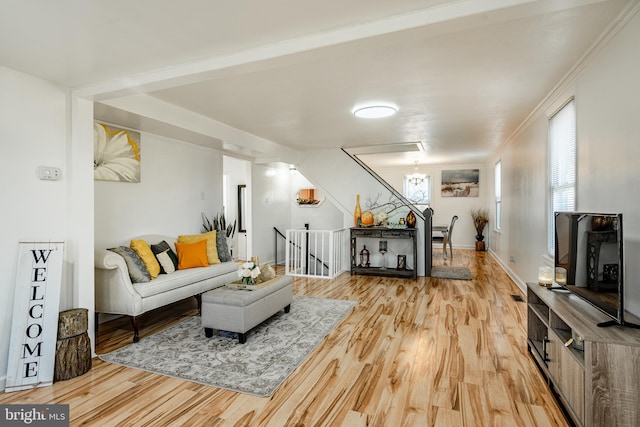 living room with wood-type flooring, a chandelier, and ornamental molding