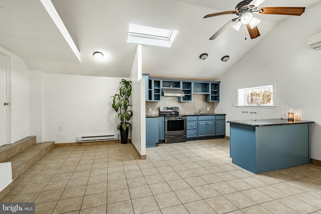 kitchen with kitchen peninsula, baseboard heating, a skylight, ventilation hood, and electric range