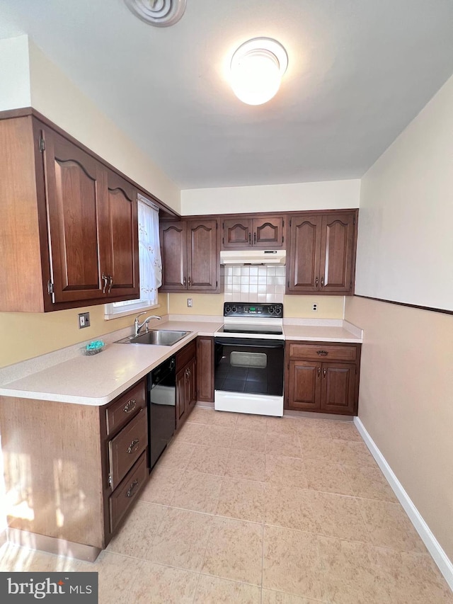 kitchen featuring dark brown cabinets, sink, white range with electric stovetop, and black dishwasher