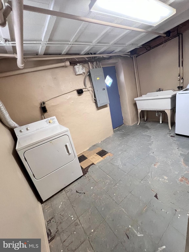 laundry area with electric panel, washer / clothes dryer, and sink