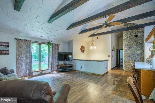 living room featuring beamed ceiling, dark hardwood / wood-style floors, and ceiling fan with notable chandelier