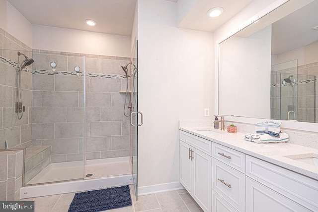 bathroom with tile patterned flooring, vanity, and an enclosed shower