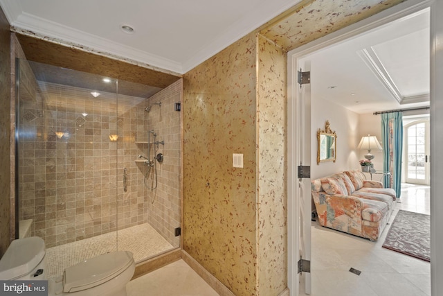 bathroom with ornamental molding, tile patterned floors, toilet, and a shower with door