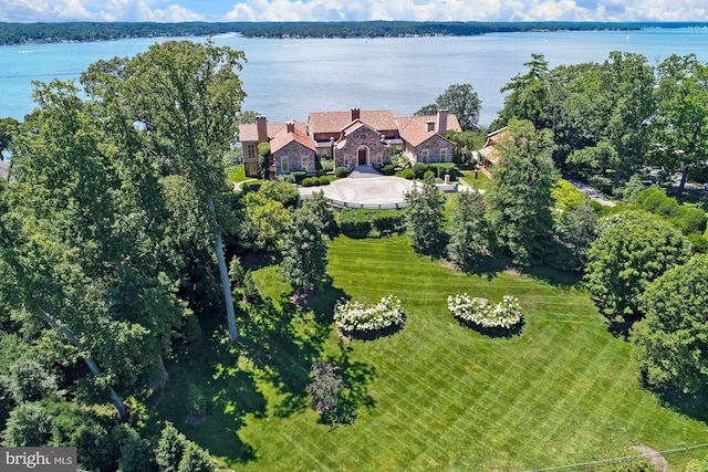 drone / aerial view with a water view