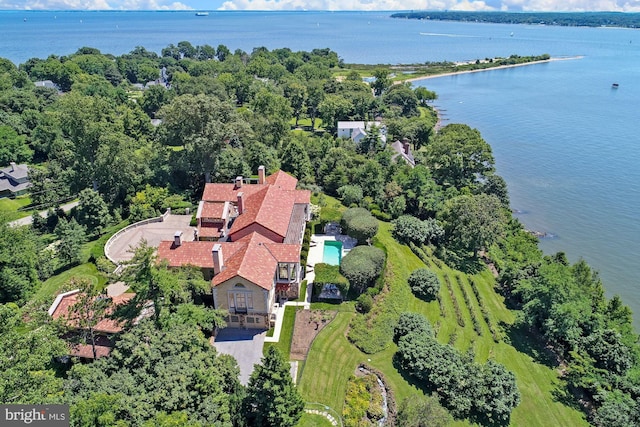 birds eye view of property featuring a water view