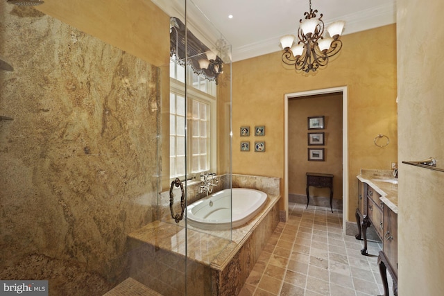 bathroom featuring vanity, a notable chandelier, crown molding, and a relaxing tiled tub