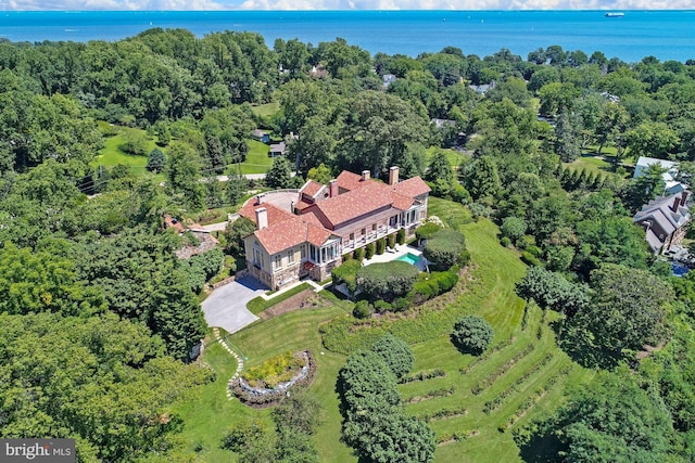 aerial view featuring a water view