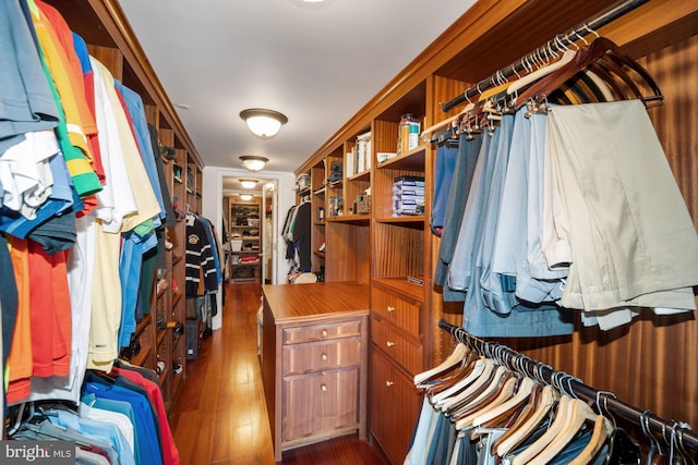 spacious closet with dark hardwood / wood-style flooring