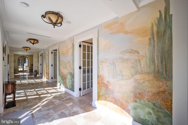 hallway featuring french doors and ornamental molding