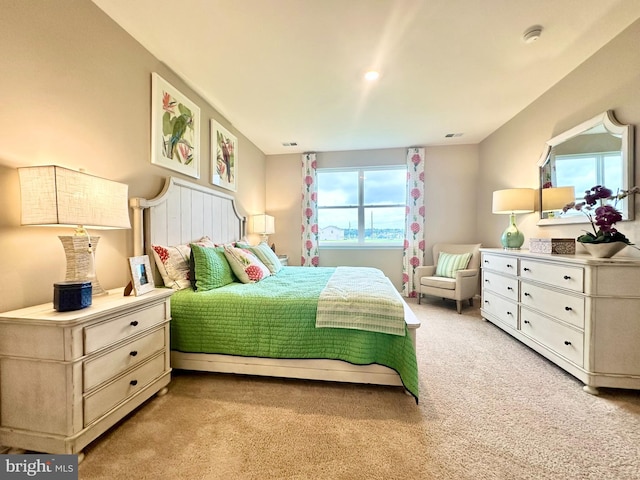 bedroom with light carpet