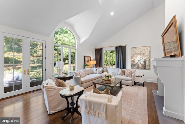 living room featuring french doors, dark hardwood / wood-style flooring, and high vaulted ceiling