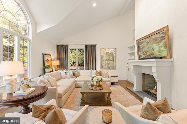 living room featuring light hardwood / wood-style floors and high vaulted ceiling